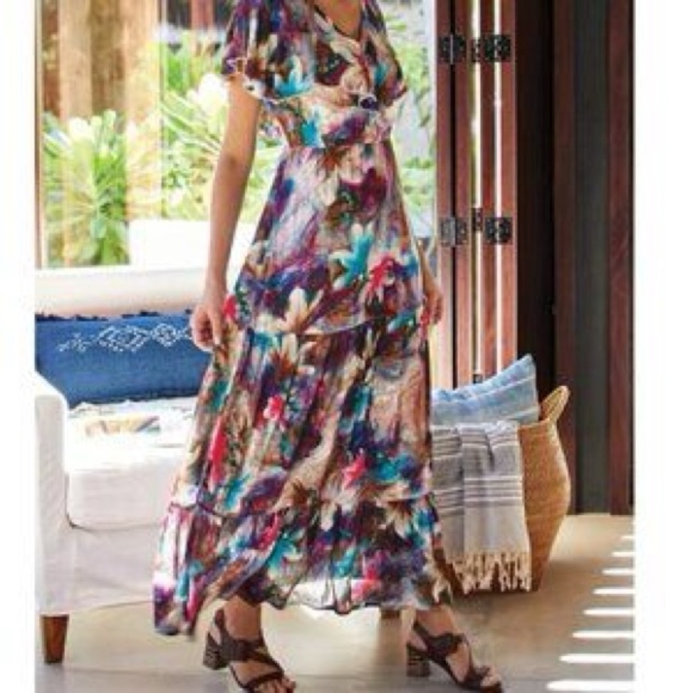 Soft Surroundings XS Italian Dreams Floral Gauze Tiered Ruffle Maxi Dress